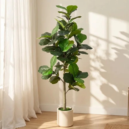 ROMSWI Artificial Fiddle Leaf Fig Tree 6FT Tall with White Planter, Natural Trunk Realistic Leaves Lifelike Faux Floor Plant For Home House Office Decor Indoor | Walmart (US)