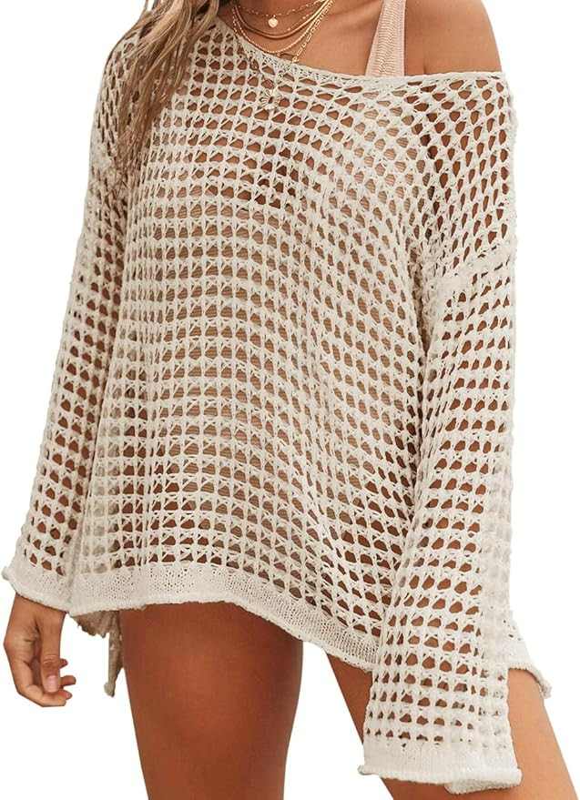 LOMON Womens Beach Cover Ups Long Sleeve Crochet Coverups for Swimwear Mesh Knit Swimsuit Cover U... | Amazon (US)