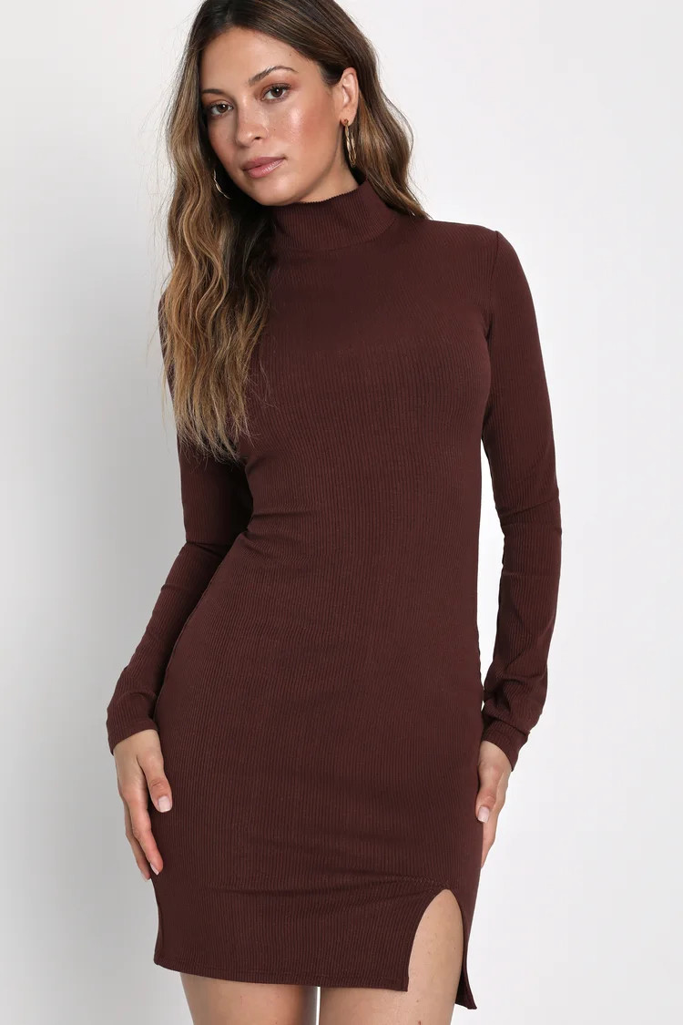 Sweet Season Brown Ribbed Mock Neck Long Sleeve Bodycon Dress | Lulus (US)
