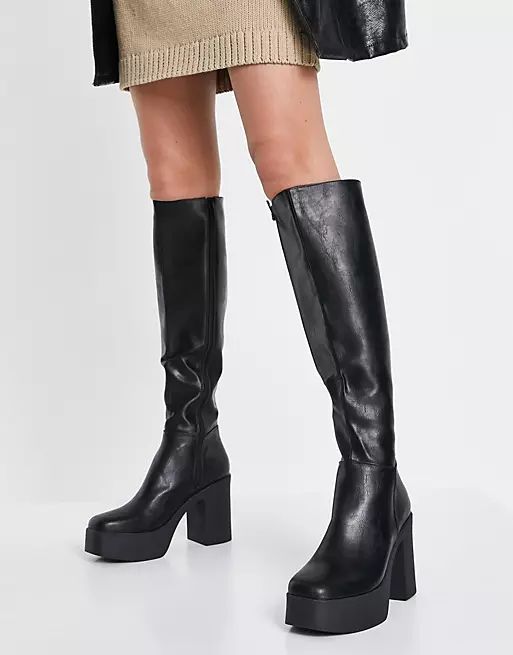 Lamoda knee high chunky heel boots in black | ASOS (Global)