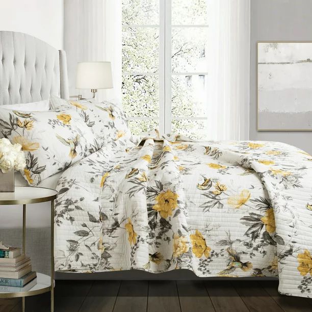 Lush Decor Penrose Floral Cotton Reversible Quilt, Full/Queen, Yellow/Gray, 3-Pc Set | Walmart (US)