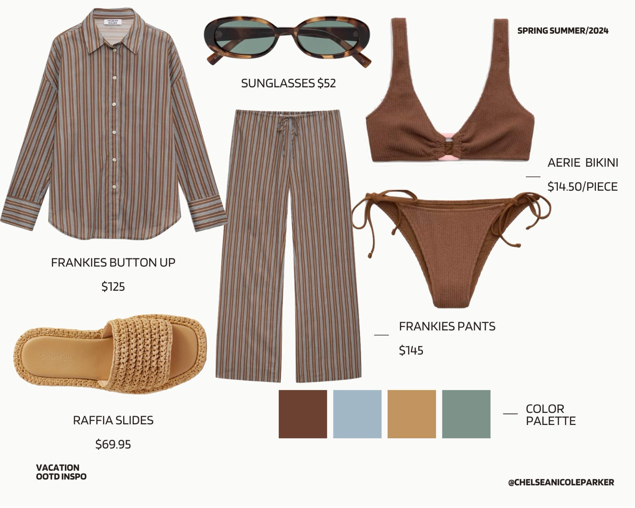 Aerie Brown Bikini Under $30 + Frankie’s Bikinis Brown Striped Button Up Pants Lounge Set + Raffia Sandals Under $70 + Le Specs Sunglasses ON SALE - Vacation Outfit / Beachwear / Swimsuit / Travel / Spring Break / Resortwear

#LTKsalealert #LTKfindsunder100 #LTKswim