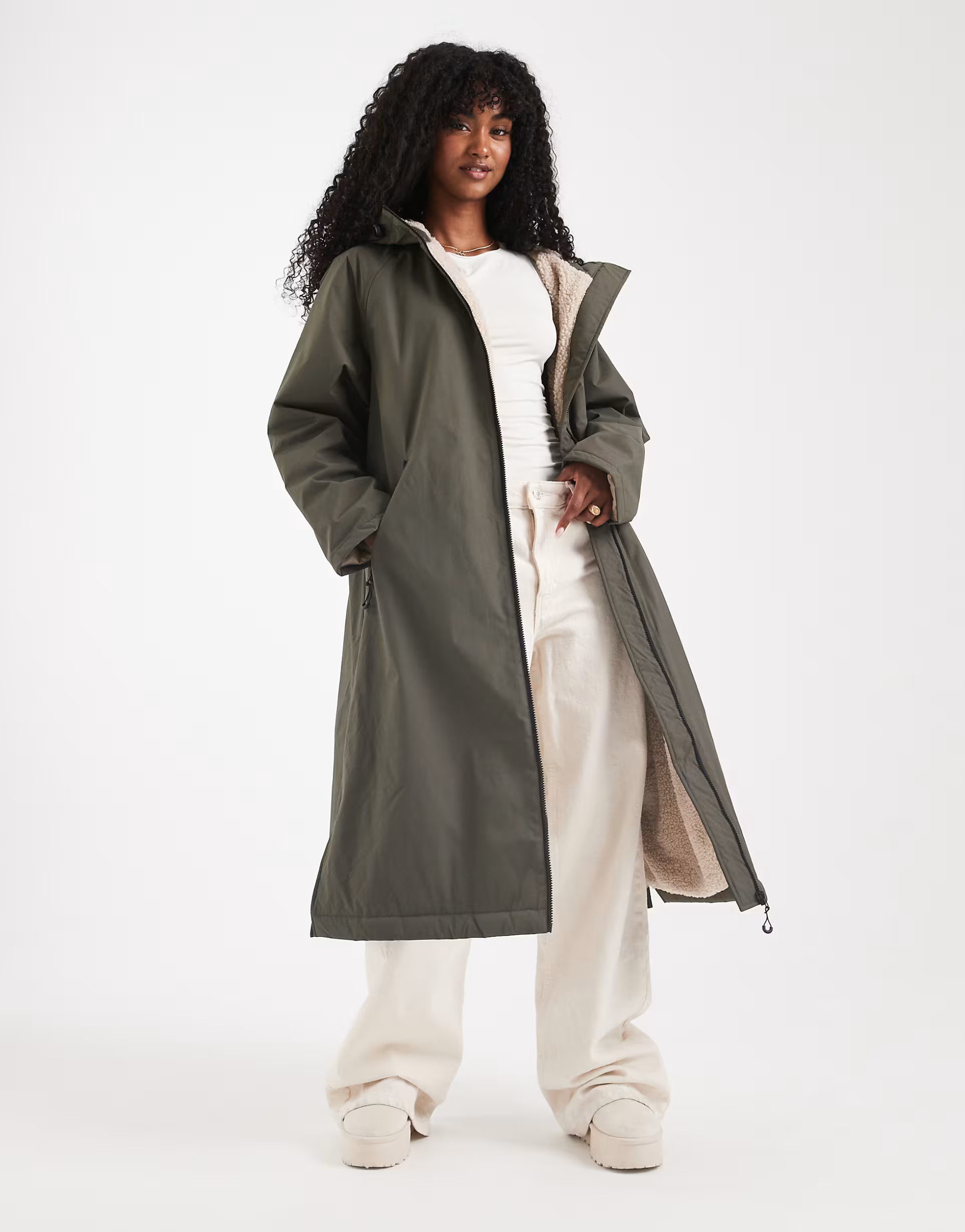 ASOS DESIGN longline fleece lined rain coat in olive | ASOS | ASOS (Global)