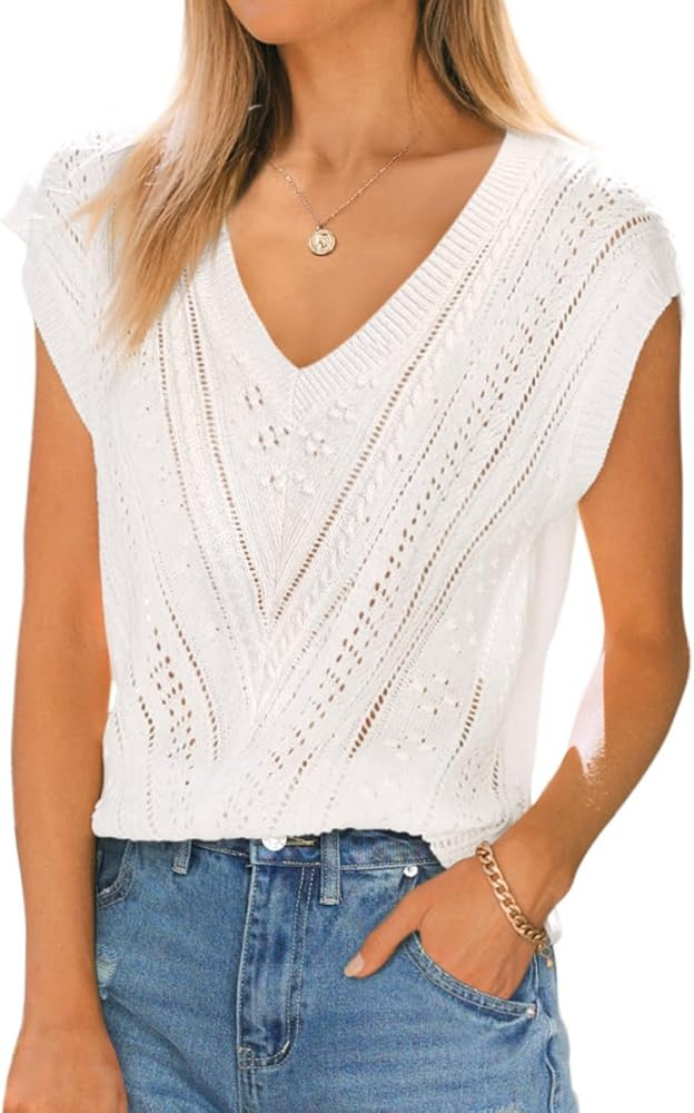 Langwyqu Womens V Neck Summer Sweaters Crochet Casual Lightweight Knit Tops | Amazon (US)