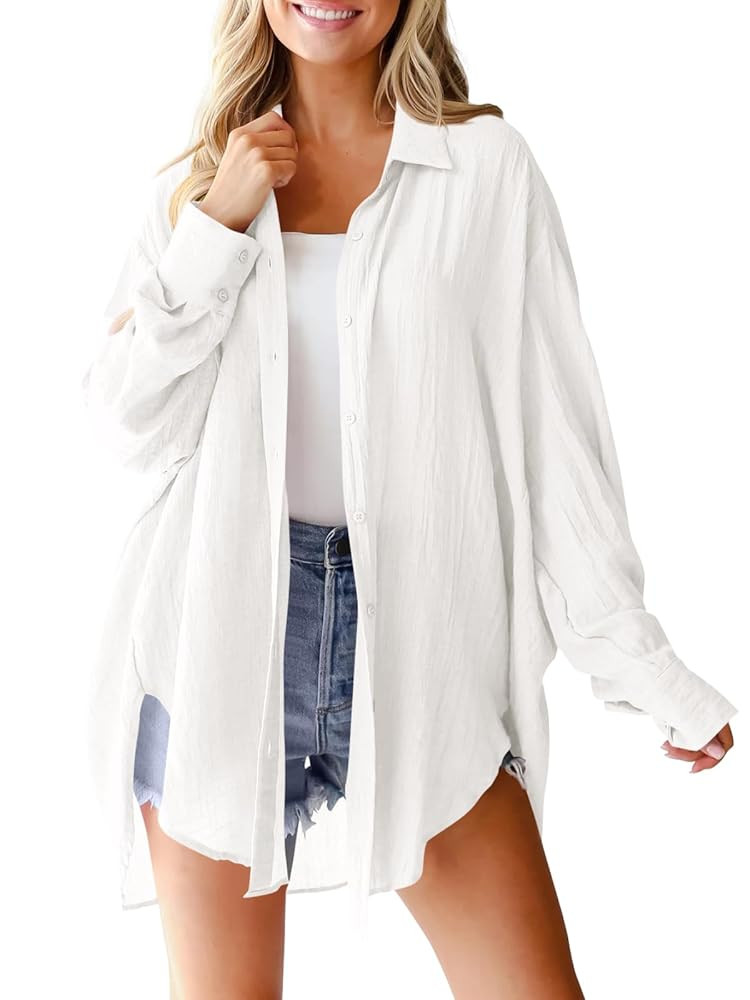 Saodimallsu Womens Oversized Button Down Shirts Long Sleeve Irregular Hem Blouse Tops | Amazon (US)