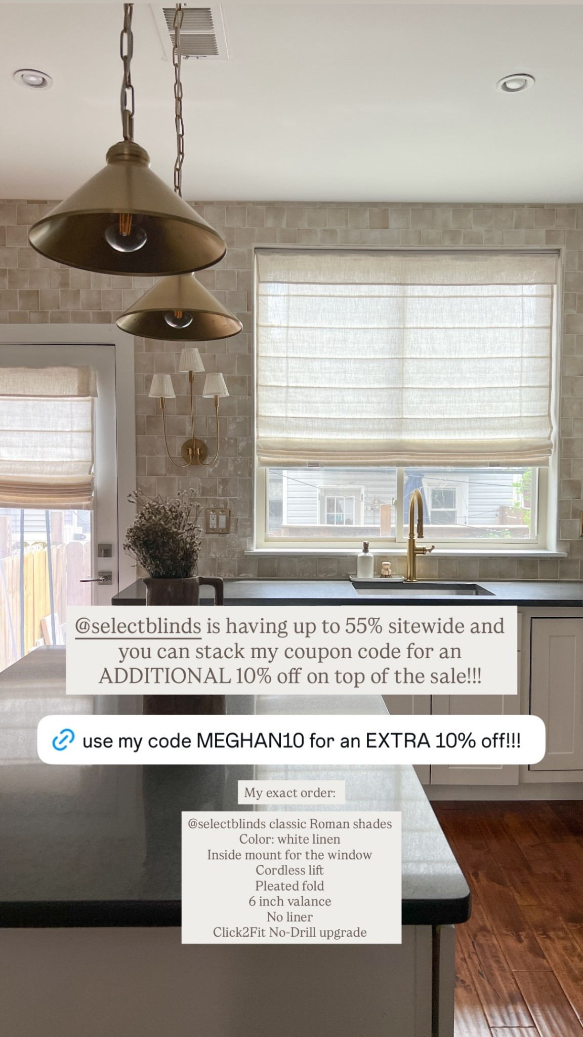 @selectblinds is having a sale and you can stack my coupon code for an ADDITIONAL 10% off on top of the sale!!! My exact order: 

@selectblinds classic Roman shades 
Color: white linen 
Inside mount for the window 
Cordless lift 
Pleated fold 
6 inch valance 
No liner 
Click2Fit No-Drill upgrade