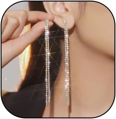 HUJUON Elegant Long Rhinestone Chain Earrings. Punk Double Strand Tassel Line Earrings Minimalism... | Amazon (US)