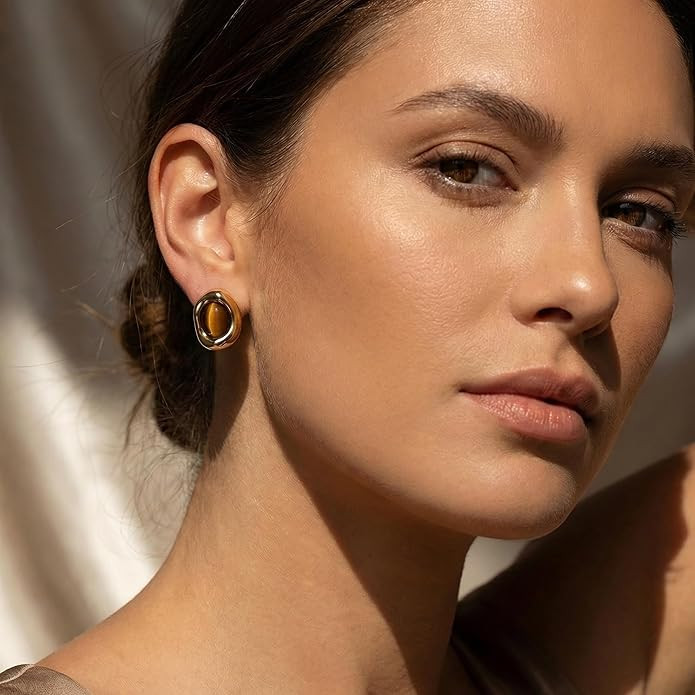 Jean Beau Chunky Gold Stone Stud Earrings for Women, Trendy Natural Gemstone Hypoallergenic Earin... | Amazon (US)