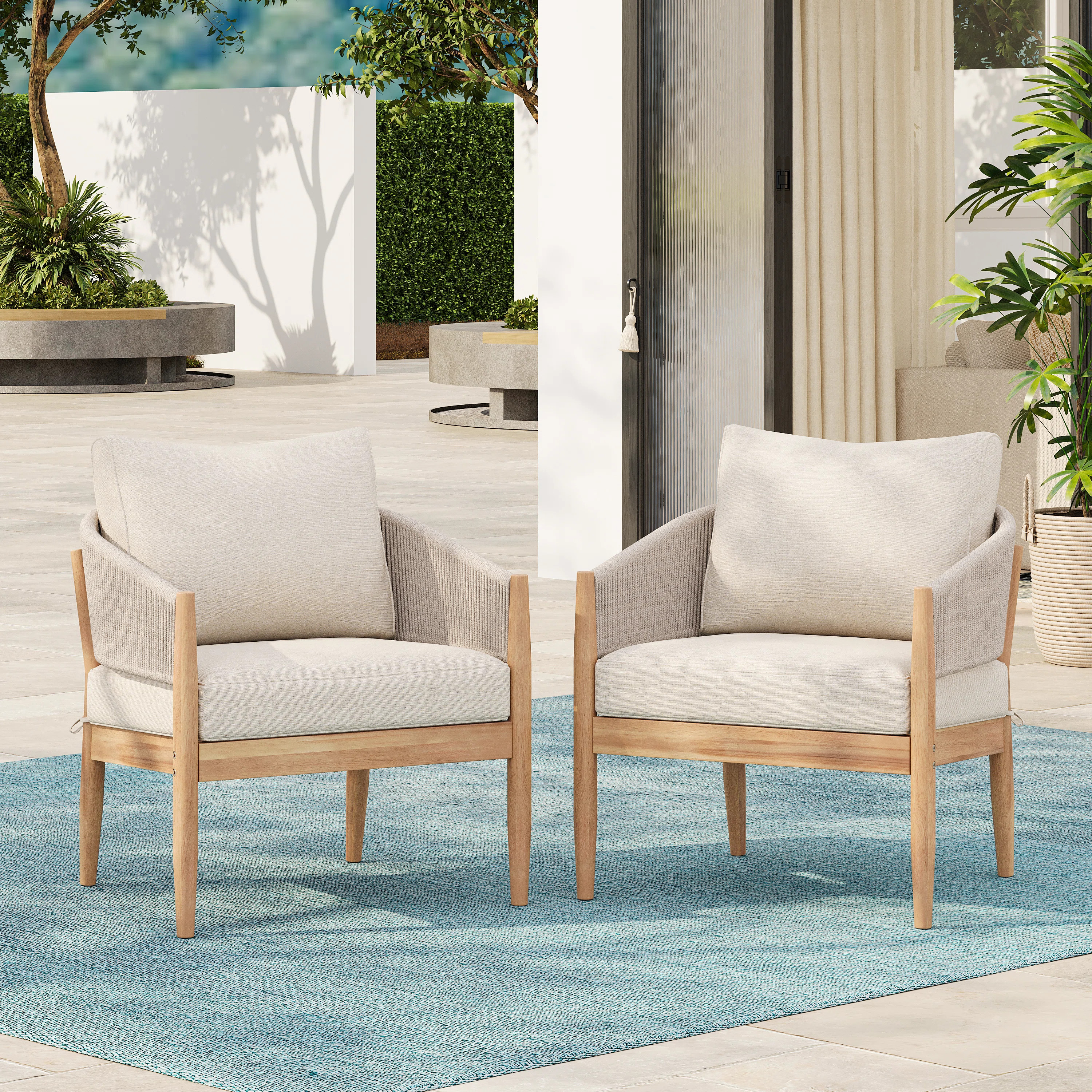 Clemansa Outdoor Acacia Wood Lounge Chairs With Rope Backrest & Cushions | Wayfair North America