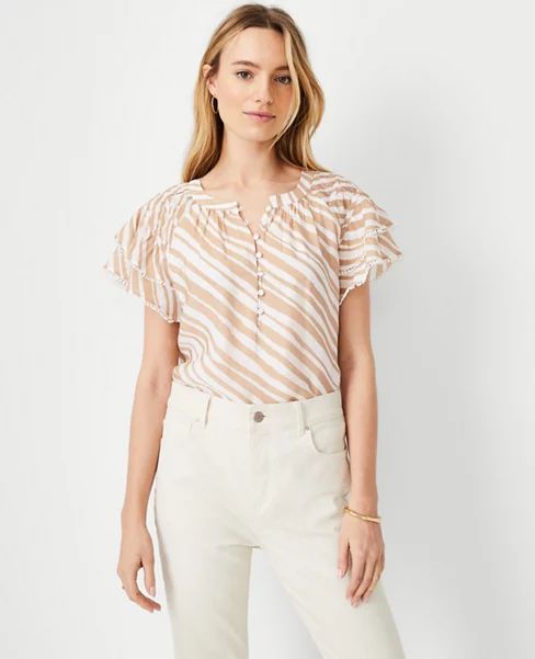 Zebra Stripe Lacy Flutter Sleeve Top | Ann Taylor (US)