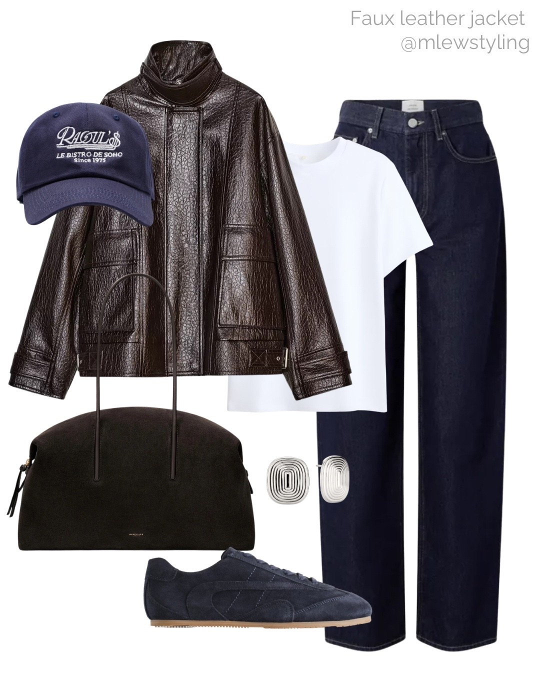 Navy blue & dark brown 🤎

Tags: spring outfit, Zara faux leather jacket, white tee, dark wash jeans, DeMellier suede bag, blue suede sneakers, baseball cap, weekend outfit, capsule wardrobe 

#LTKSeasonal #LTKootd