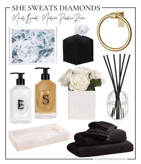 Sharing a modern powder room mood board! That said, I'm excited to turn my new bathroom into a beautiful bathroom for guests in a few months! Here's my mood board for it! I love adding textures of all kinds: leather tissue box, brass towel ring, pink quartz tray, glass diffuser (no burning candles), and acrylic picture frames. To soften it up, I’ll be adding plush black hand towels, boujee hand lotion (which you can bet I'll be reusing the glass bottle!), and eternity roses that will last a year!

#LTKunder100 #LTKhome