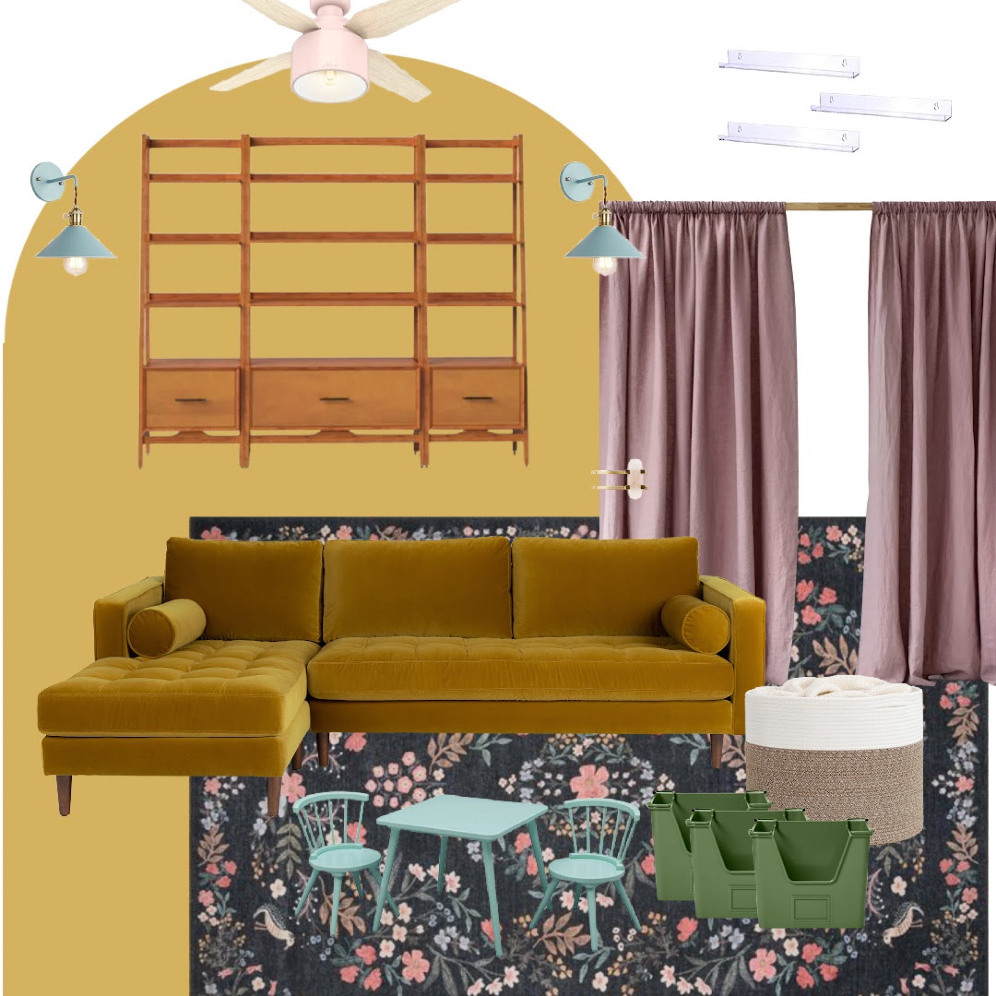 Colorful, modern playroom design idea! With seating and lots of intentional open storage to hide and organize all the toys. Such a playful space for kids to get creative in  

(Couch and shelves linked are similar). 

#LTKhome