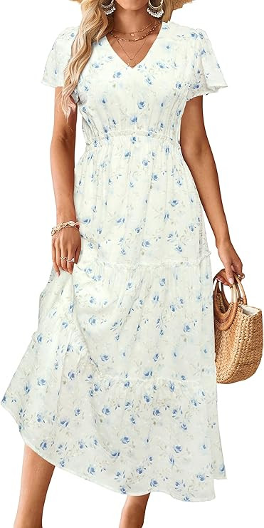 VOTEPRETTY Women's 2025 Summer Boho Maxi Dresses Flutter Short Sleeve V Neck Casual Beach Wedding... | Amazon (US)