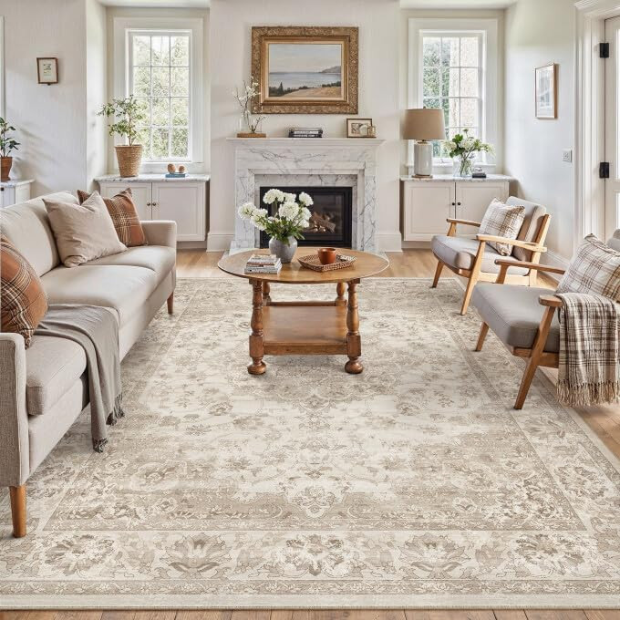 PureCozy Washable 8x10 Area Rug for Living Room Beige Neutral Vintage Large Rug Non-Slip Soft Low... | Amazon (US)