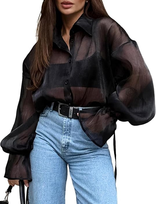 Yimoon Sheer Tops Women Sexy See Through Button Up Blouse Shiny Mesh Shirts | Amazon (US)