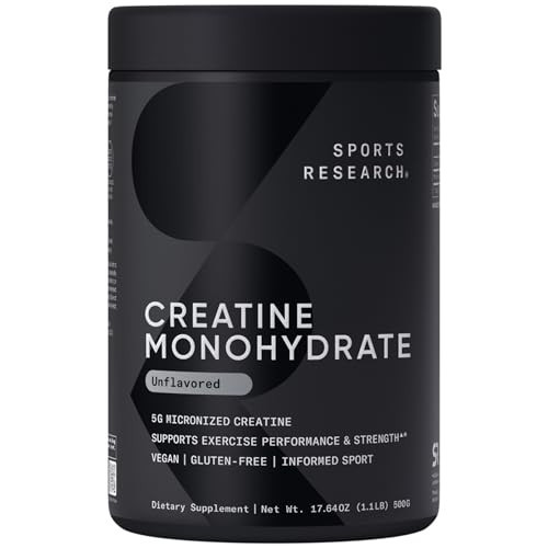 Sports Research Creatine Monohydrate - Gain Lean Muscle, Improve Performance and Strength and Support Workout Recovery* - 5 g Micronized Creatine - 17.64 oz | Amazon (US)