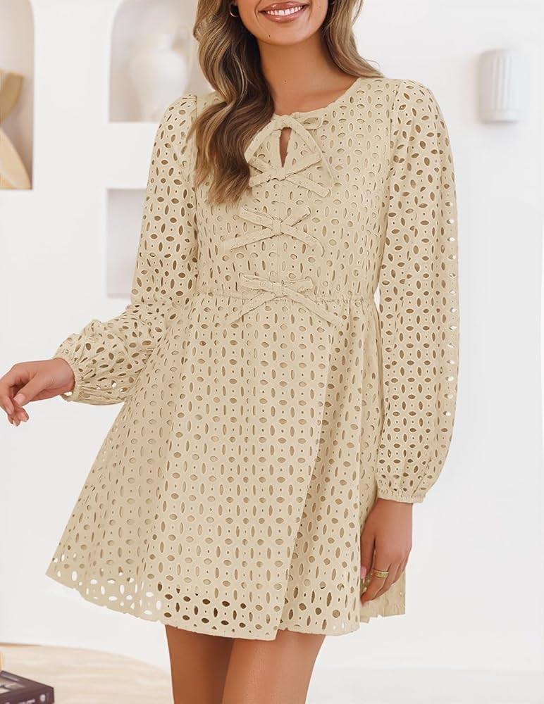 ZESICA Women's Long Sleeve Mini Dress 2025 Fall Crewneck Tie Front Hollow Out Eyelet Babydoll A L... | Amazon (US)