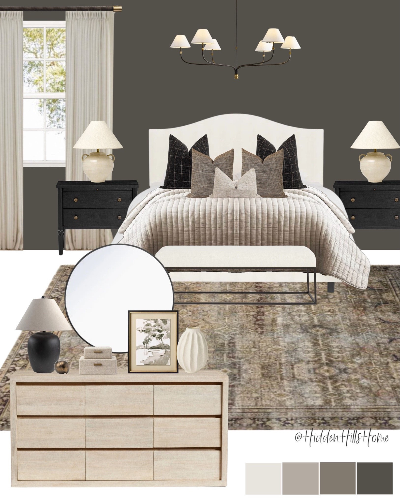 Bedroom decor, bedroom mood board, home decor ideas, bedroom design, bedroom inspiration, nightstands, bedroom dresser, rug #bedroom
Wall color is SW Urbane Bronze

#LTKHome #LTKSaleAlert #LTKSeasonal