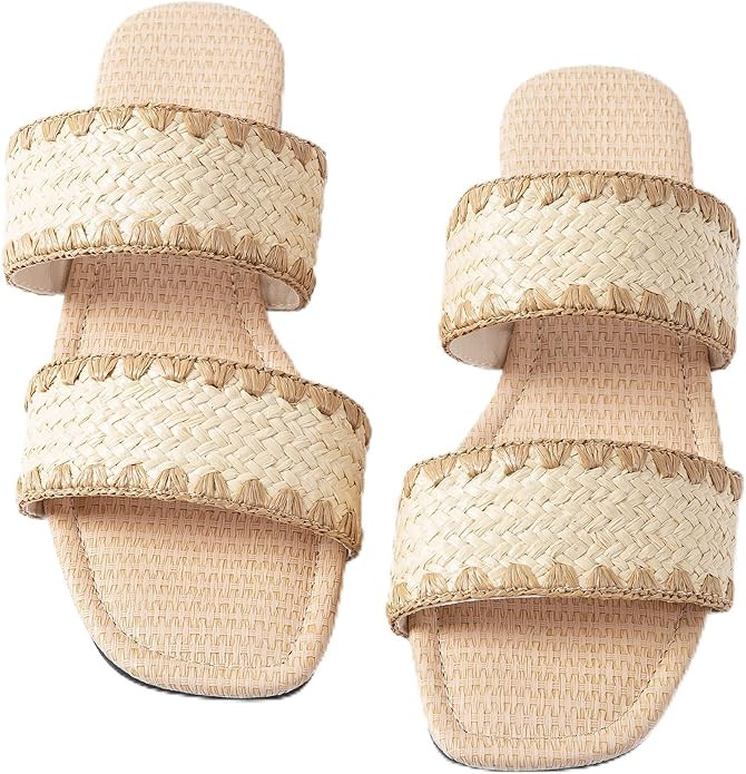 Mtzyoa Women's Sandals Casual Braided Dressy Summer Square Toe Quilted Flat Sandals | Amazon (US)