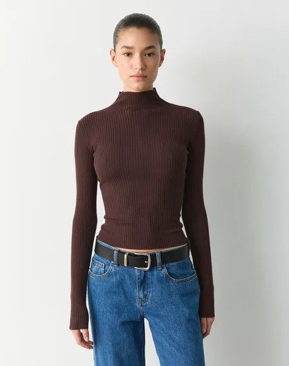 High Neck Rib Longsleeve Top in Fudge Fantasy | Glassons AU | Glassons (Australia)