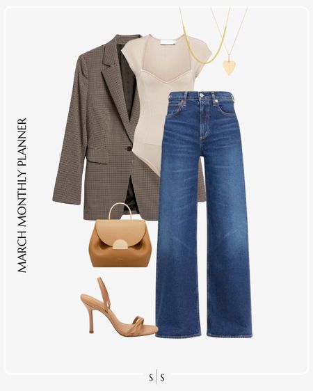 Monthly outfit planner: MARCH: Winter to Spring transitional looks |  bodysuit, high rise flare jean, oversized blazer, heeled sandals 

Date night outfit 

See the entire calendar on thesarahstories.com ✨ 


#LTKstyletip