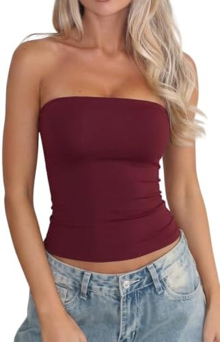 QINSEN Women's Tube Top Double Lined Strapless Bandeau Top Summer Slim Fit Going Out Tank Tops | Amazon (US)
