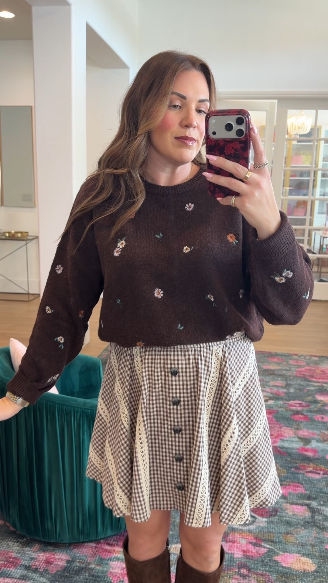 curvy midsize fall look! would be so cute for family photos. has matching mini sizes! wearing medium in brown floral sweater + brown plaid skirt

#LTKSeasonal #LTKMidsize #LTKSaleAlert