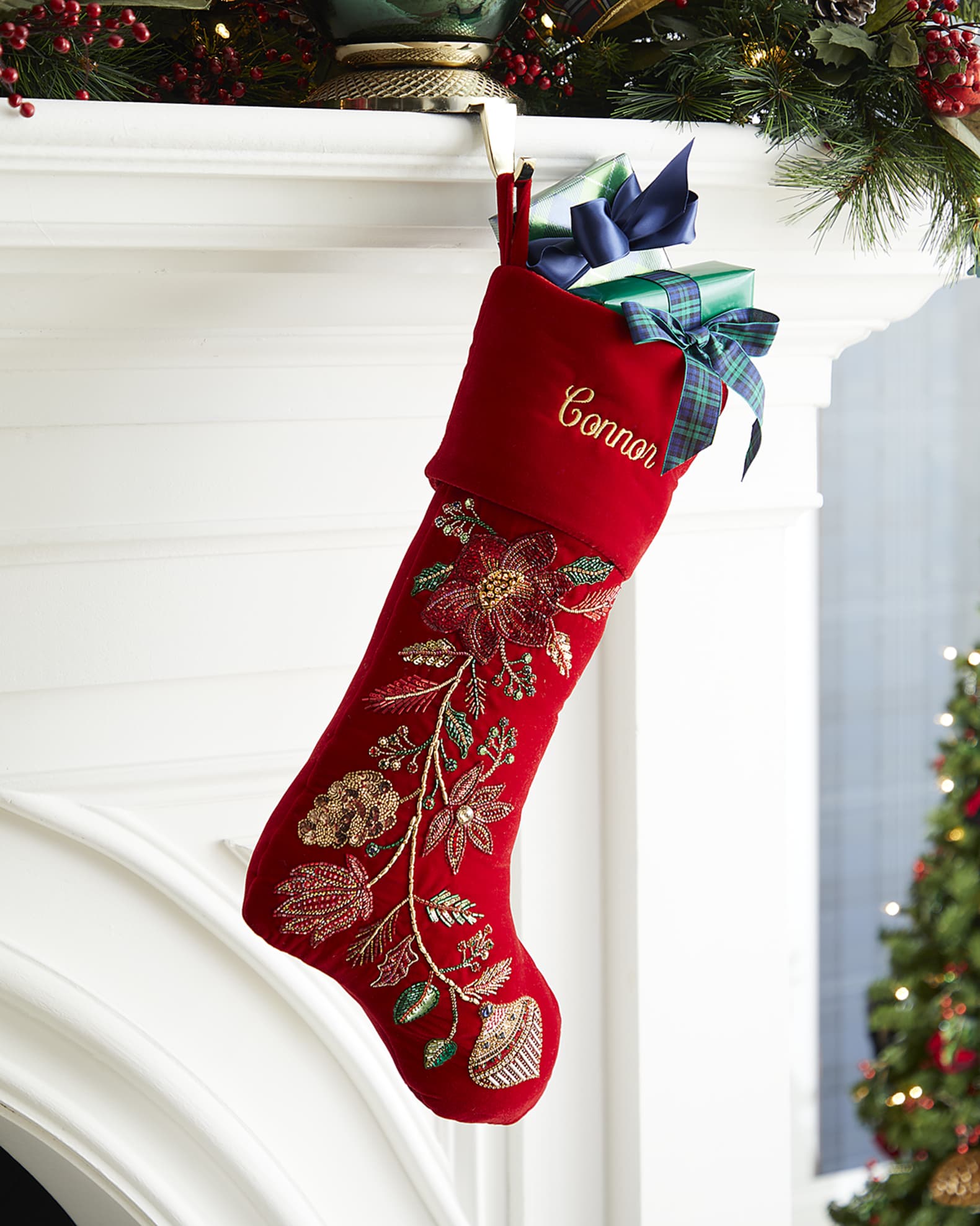 Neiman Marcus Personalized Red Poinsetta Garland Stocking | Neiman Marcus
