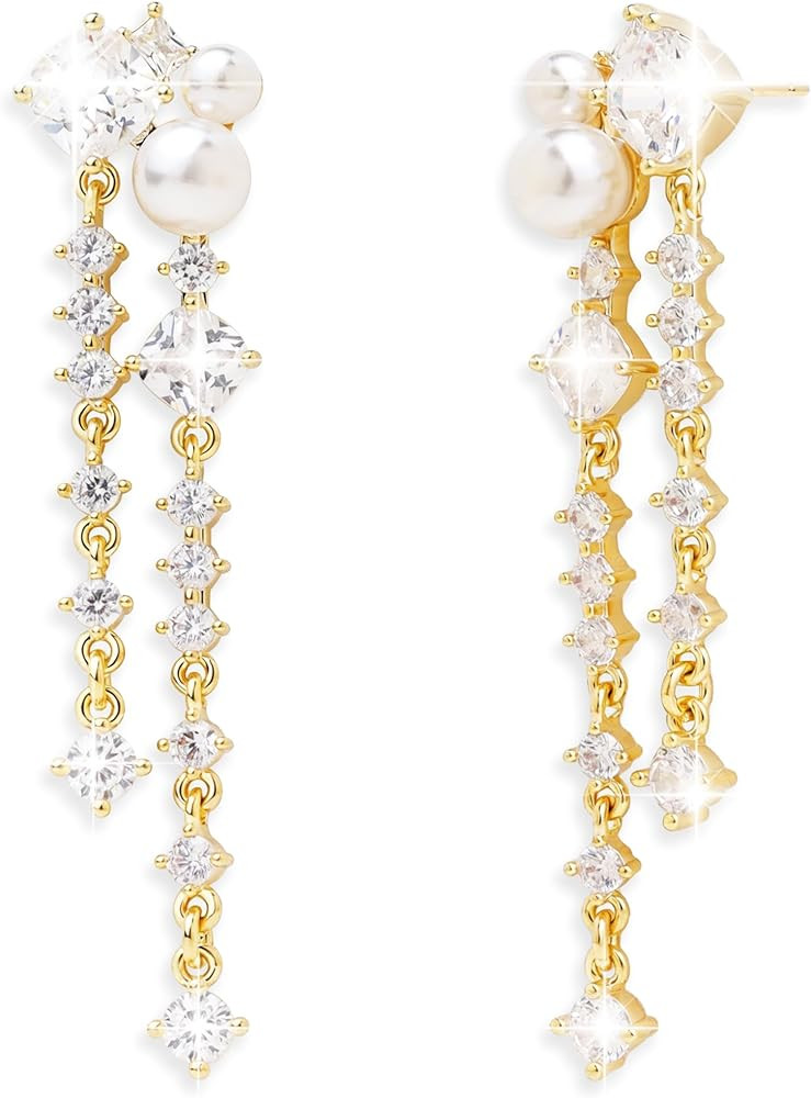 Sonateomber Long Pearl Dangle Drop Earrings for Women, Sparkly CZ Rhinestone Tassels Dangling Ear... | Amazon (US)