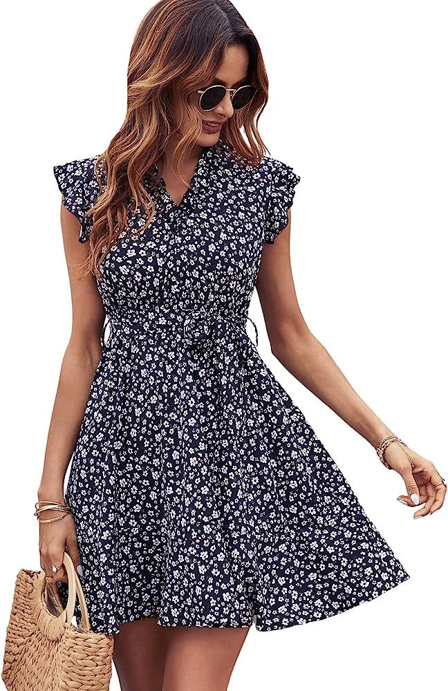 SweatyRocks Women's Boho Floral Print Dress Cap Sleeve V Neck Belted A Line Mini Dresses | Amazon (US)