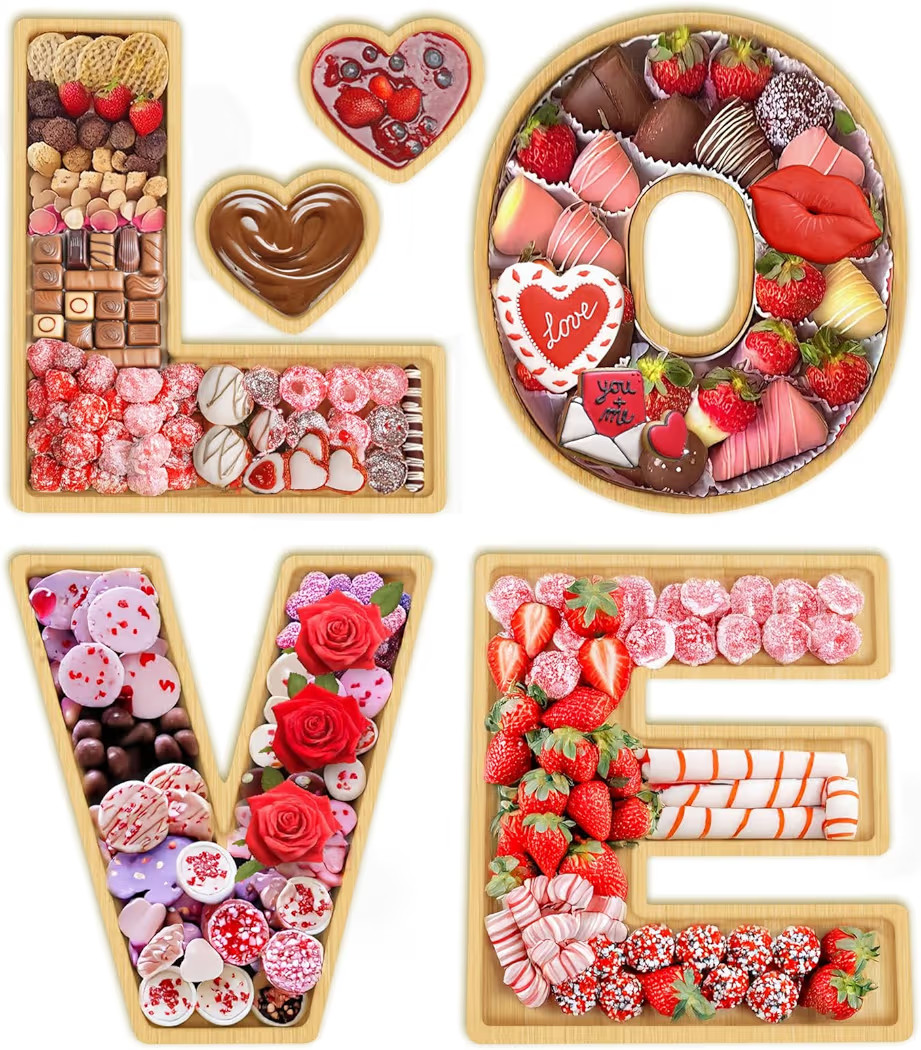 6 Pcs Love Charcuterie Board Letters with Dipping Saucers, Wooden Food Trays for Cheese Fruit Veg... | Amazon (US)
