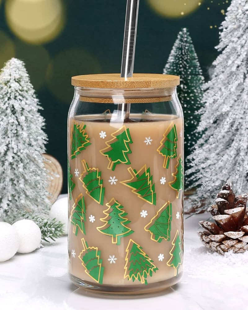 Nefelibata Christmas Cup with Bamboo Lid and Metal Straw 16oz Xmas Tree Beer Can Glass Iced Coffe... | Amazon (US)