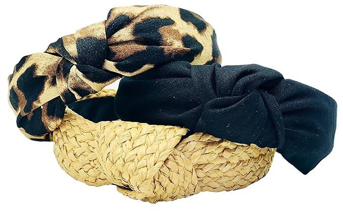 LUX TRENDS Set of 3 Fashion Headband Straw Braided Black Leopard Top Fashion Knotted Bohemian Des... | Amazon (US)