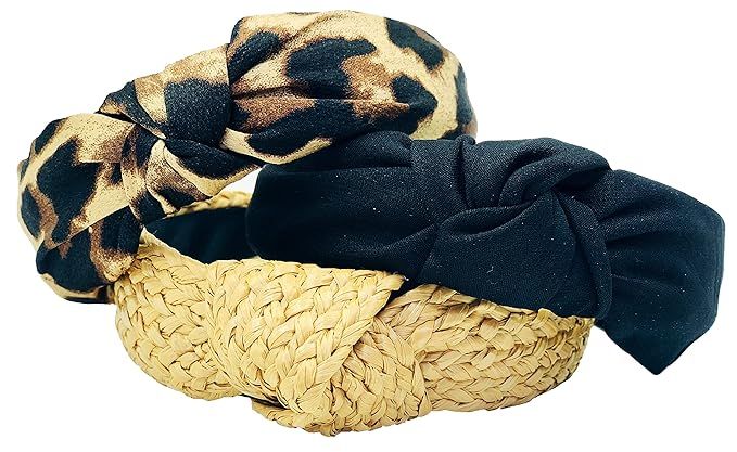 LUX TRENDS Set of 3 Fashion Headband Straw Braided Black Leopard Top Fashion Knotted Bohemian Des... | Amazon (US)