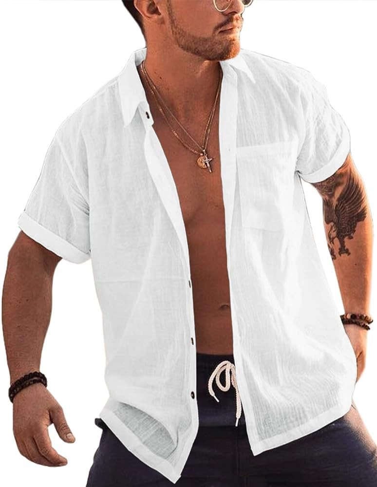 Bbalizko Mens Short Sleeve Button Up Shirts Linen Cotton Beach Tops Spread Collar Plain Summer T ... | Amazon (US)