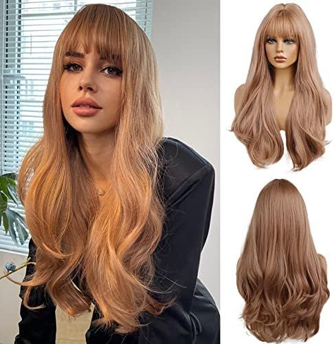 OUFEI Long Wavy Strawberry Blonde Wig with Bangs for Women Natural Synthetic Hair Heat Resistant Wig | Amazon (US)