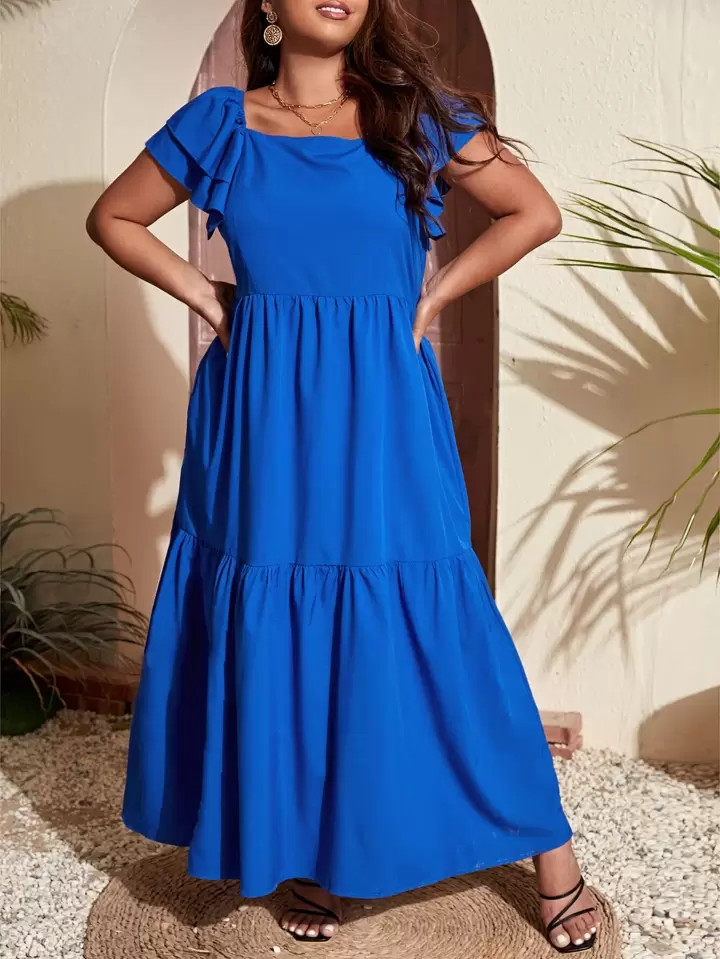 SHEIN VCAY Plus Butterfly Sleeve Ruffle Hem Smock Dress | SHEIN