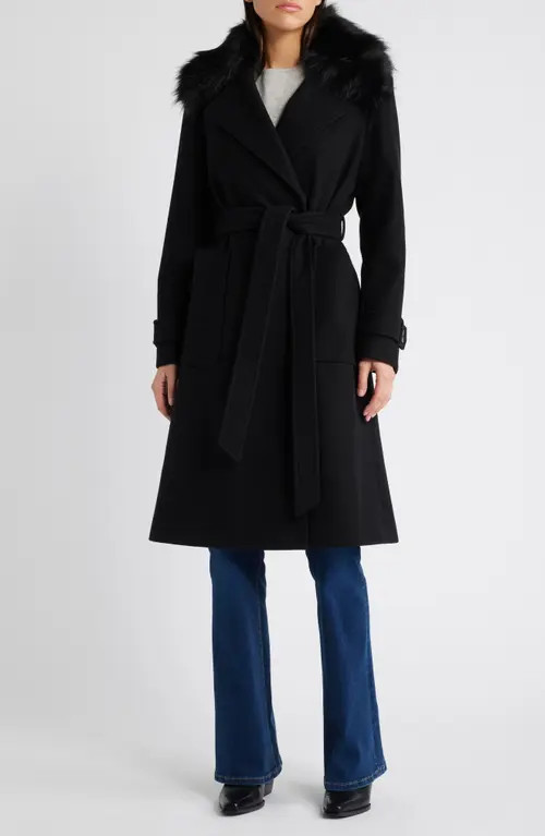 bcbg Belted Coat with Removable Faux Fur Collar in Black at Nordstrom, Size Large | Nordstrom