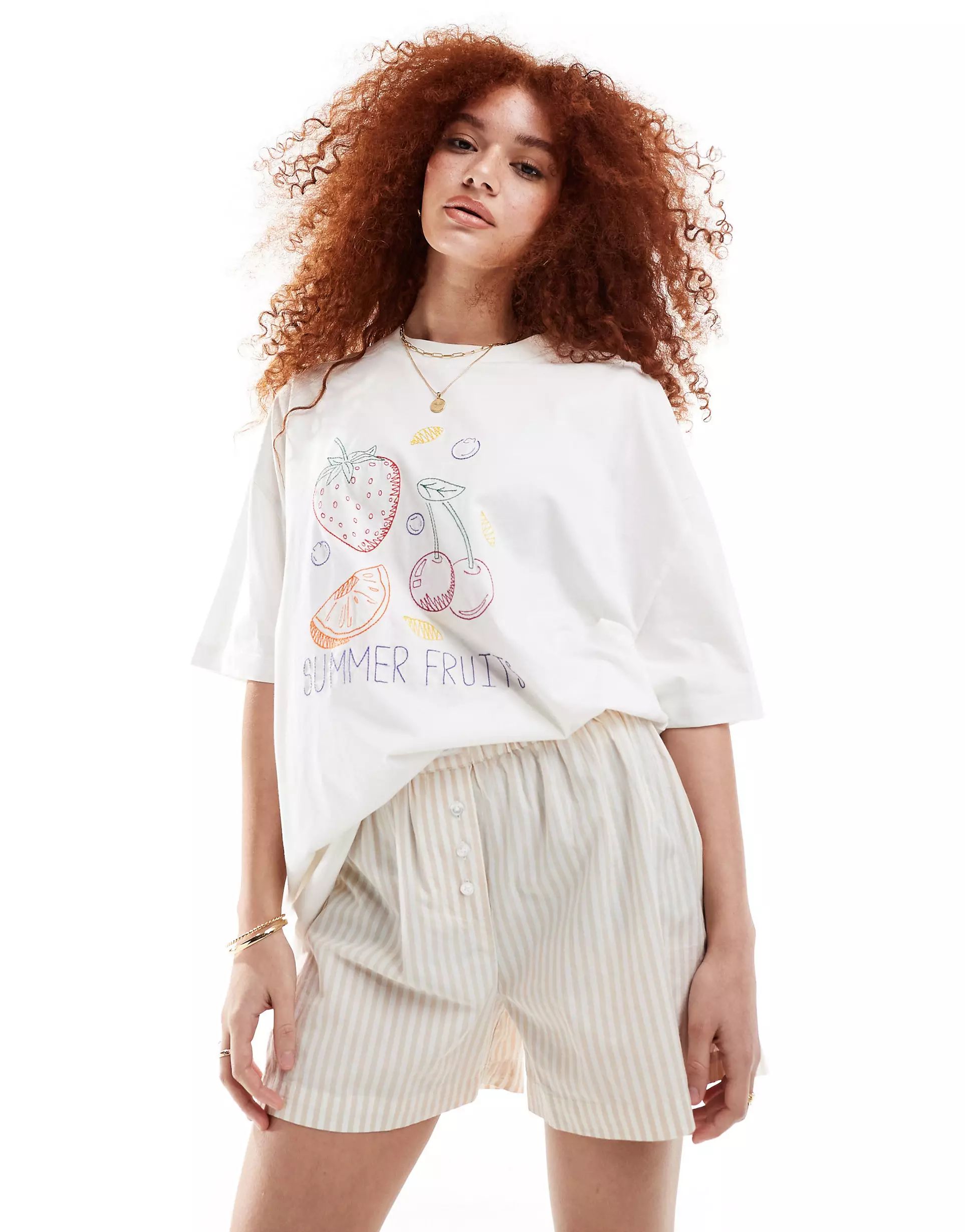 ASOS DESIGN boyfriend fit t-shirt with embroidered summer fruits graphic in white | ASOS | ASOS (Global)