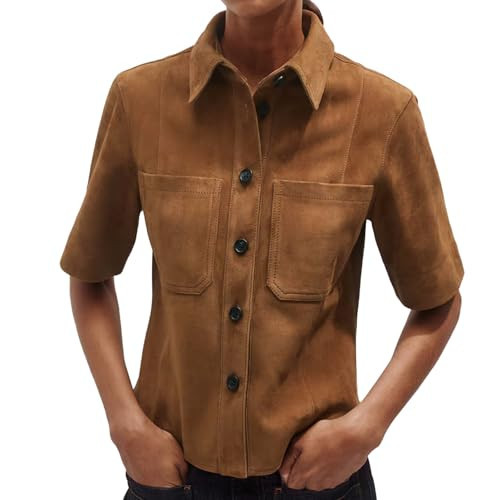 HUEOBIR Women's Faux Suede Button Down Shirts Short Sleeve Business Casual Lapel Collared Shirt Jackets with Pockets Brown | Amazon (US)