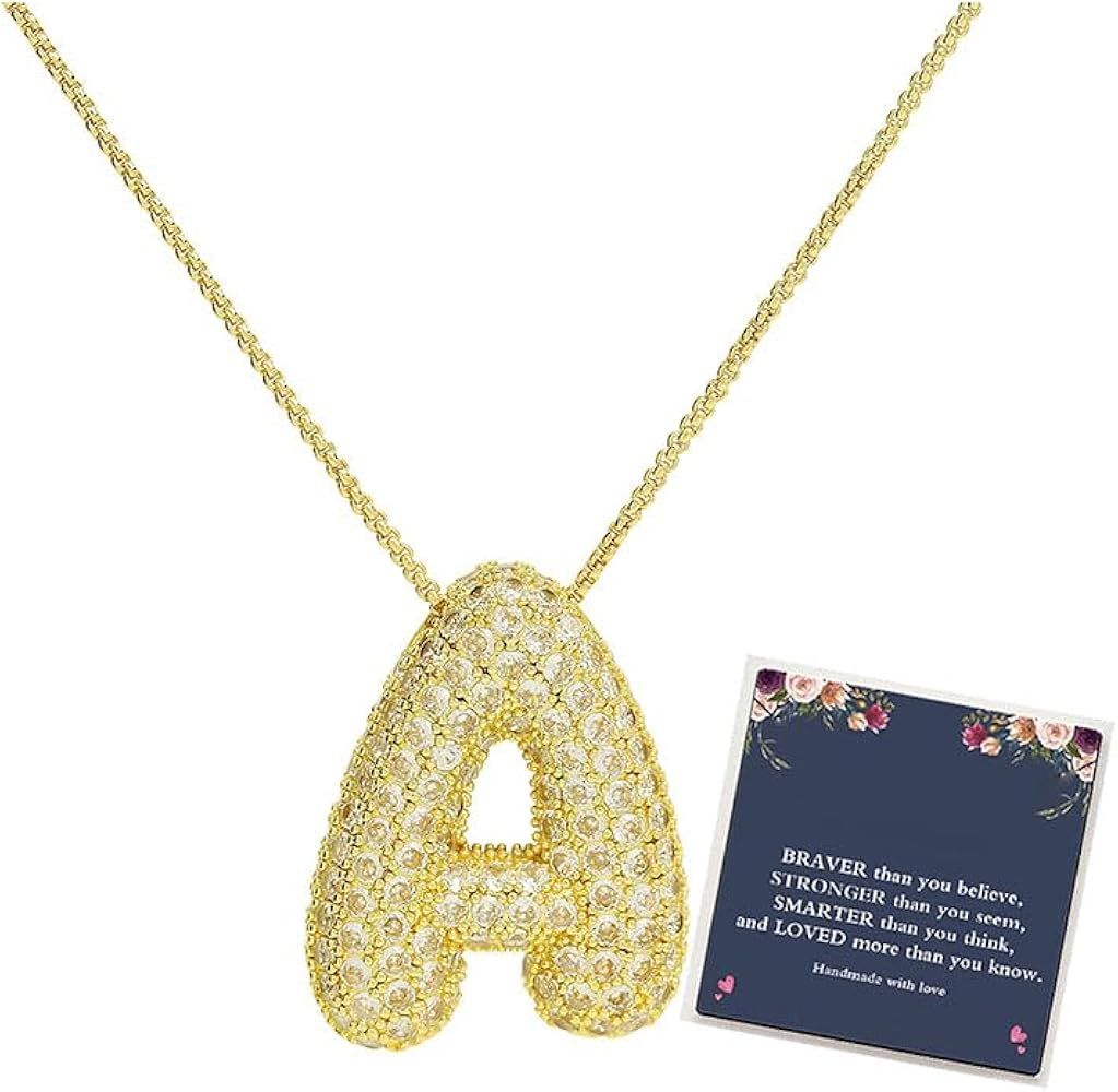 Bubble Letter Necklace Gold For Women, Cubic Zirconia Balloon Initial Alphabet Pendant 18k Gold P... | Amazon (US)