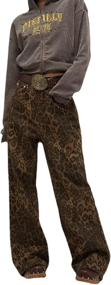 XPONNI Y2k Jeans Animal Print Y2k Pants Leopard Print Womens Baggy Wide Leg Jeans 2000s Mcbling G... | Amazon (US)