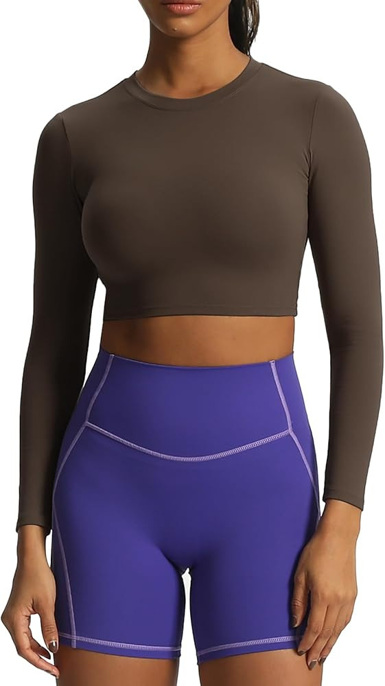 Aoxjox Long Sleeve Crop Tops for Women Classic Longline Workout Cropped T Shirt Top Length | Amazon (US)
