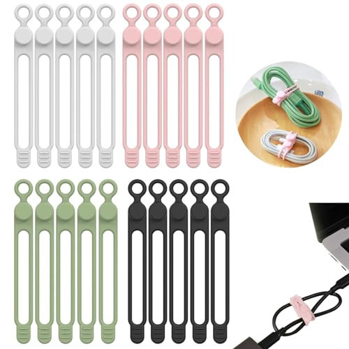 20PCS Silicone Cable Straps Wire Ties Organizer,Reusable Multi-Purpose Cable Elastic Cord Management Organizer in Home,Office,Kitchen 4 Colors (Black,White,Pink,Green) | Amazon (US)