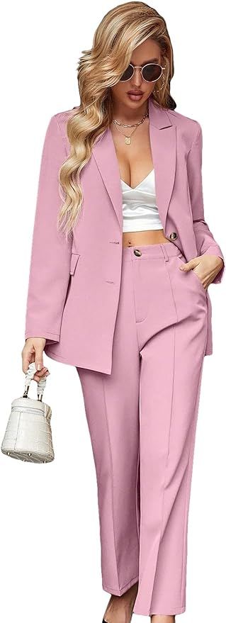 SweatyRocks Women's 2 Piece Blazer Set Button Front Long Sleeve Blazer and Pants Solid Business O... | Amazon (US)