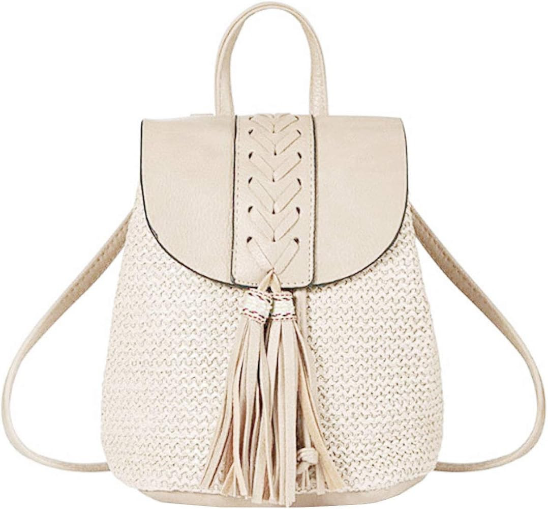 Women Girls Straw Woven Backpack Summer Beach Casual Daypack Tassel Traveling Purse | Amazon (US)