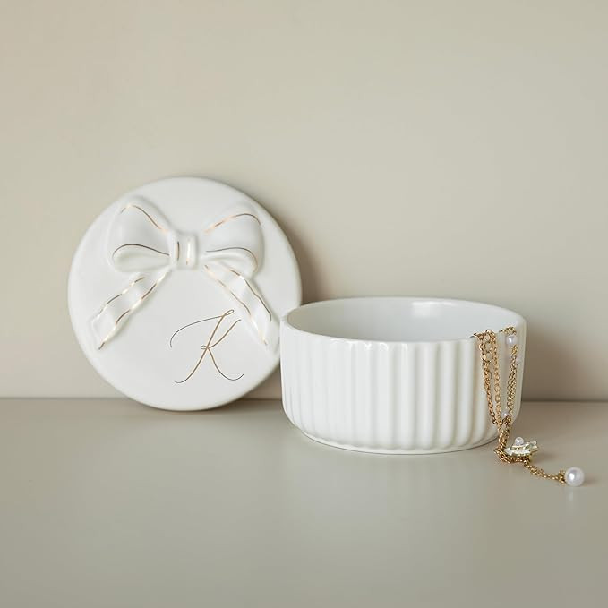 COLLECTIVE HOME Monogram Initial Jewelry Box with Bow - Elegant Ring Holder & Earring Dish | Chri... | Amazon (US)