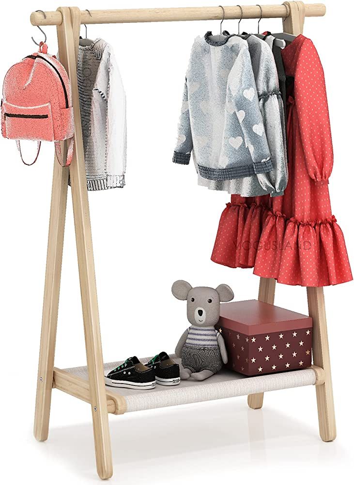 VOGUSLAND Dress up Rack, Child Garment Rack, Kids Clothing Rack with Storage Shelf (Natural Beech... | Amazon (US)