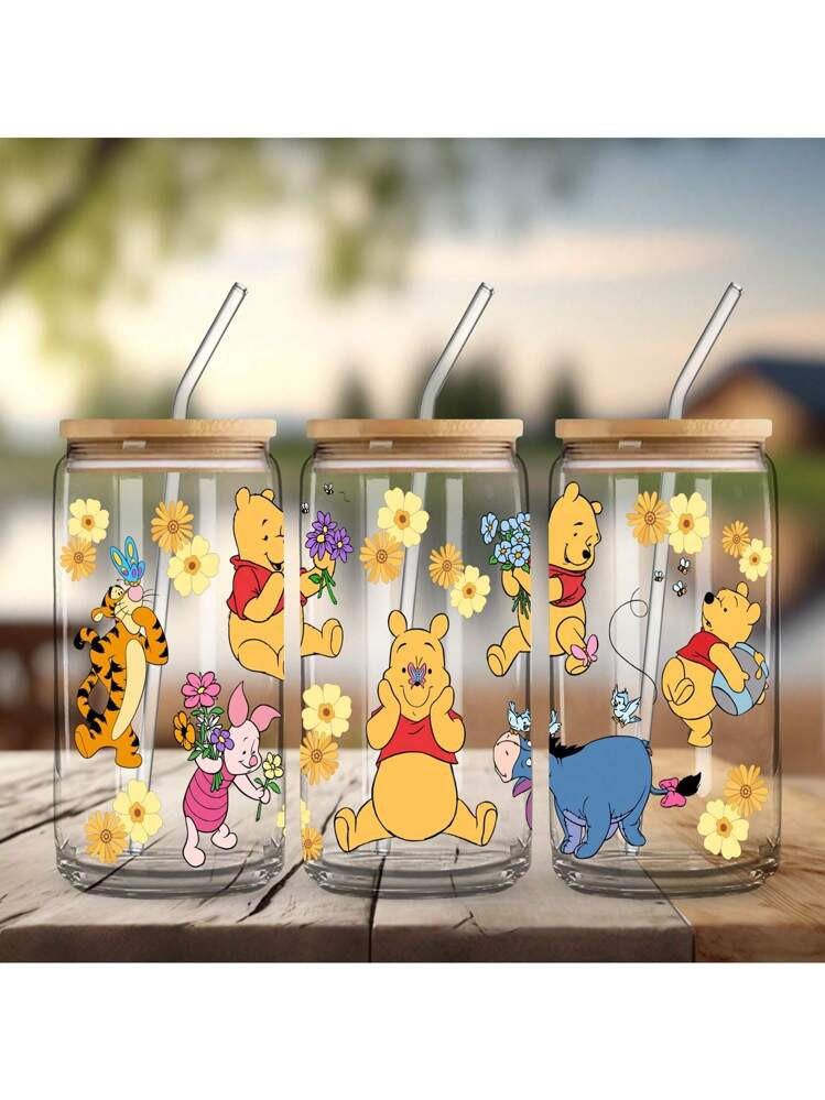 Disney [Officially Licensed] Disney Winnie The Pooh Piglet Patterned 16oz Glass Cup With Lid And ... | SHEIN